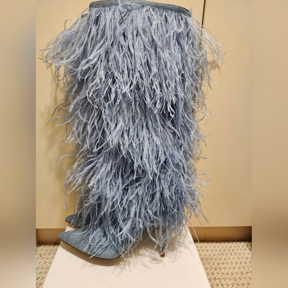 Steve Madden "Pascall" Denim w/Blue Marabou Feathered Knee-Hi Boots Sz.7.5 $360 - Picture 2 of 9